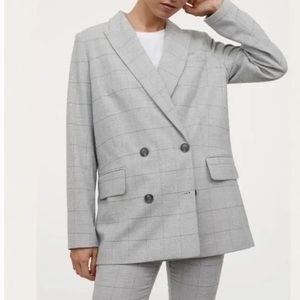 H&M Double Breasted Blazer Jacket Plaid Wool Light Grey Medium